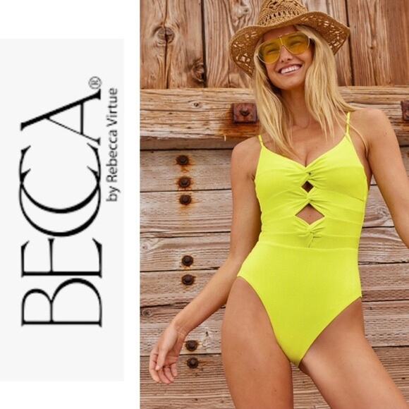 Becca Prima Camille Zesty Neon Yellow Strappy Cut Out One Piece Swimsuit Size L - Picture 2 of 9
